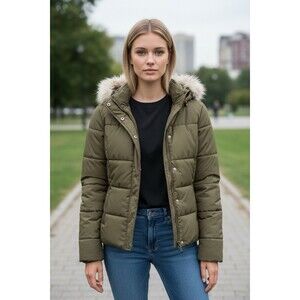 Pink Envelope Black Hooded Faux Fur  hooded Quilted puffer Jacket size M